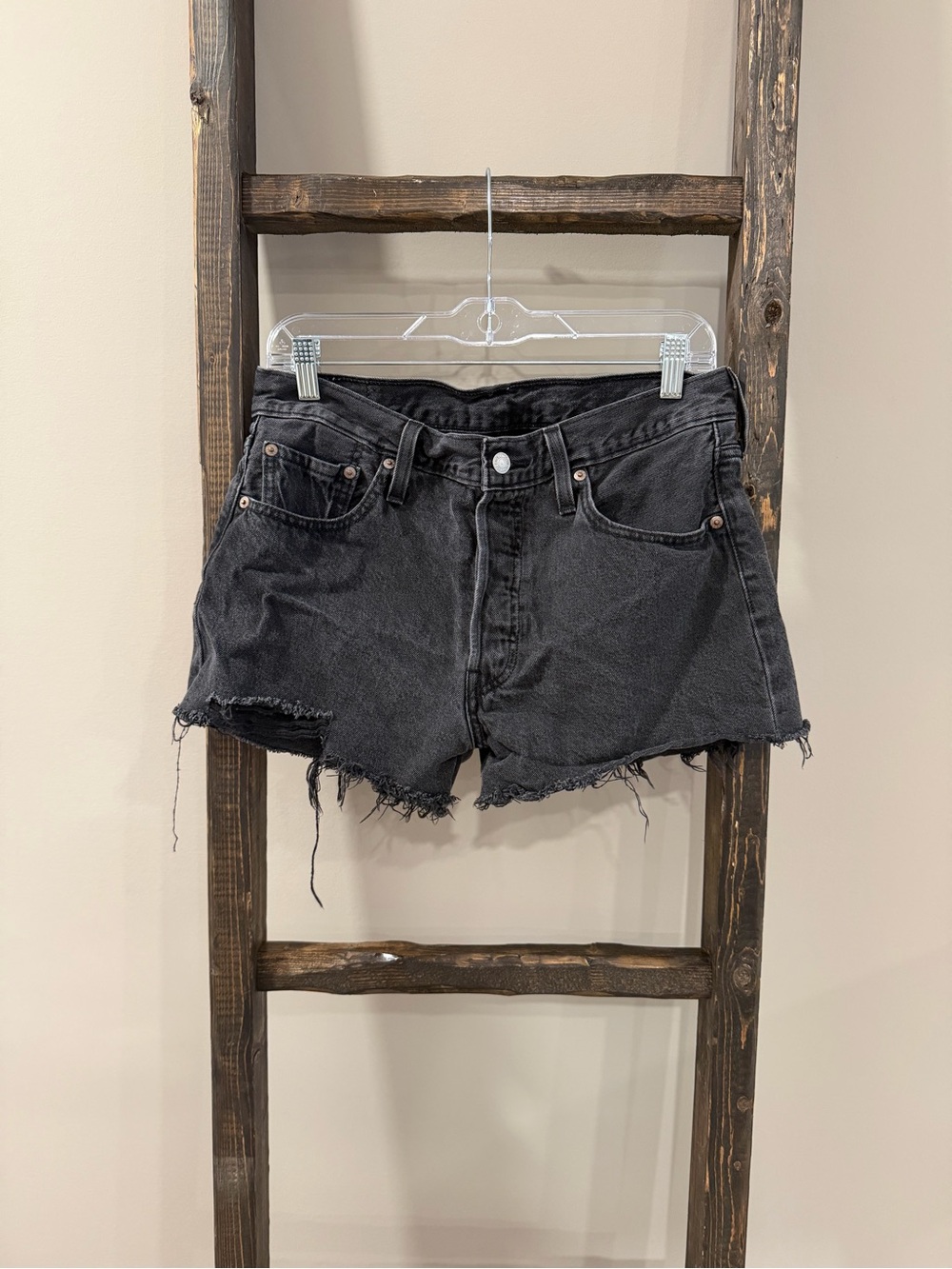 Levi’s 501 Black Denim Buttonfly Frayed Hem Shorts